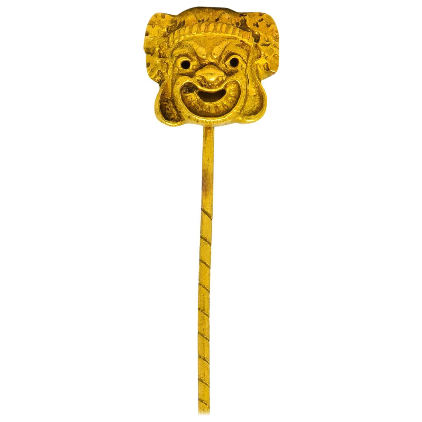 Late Victorian 18 Karat Yellow Gold Comedy Mask Stickpin