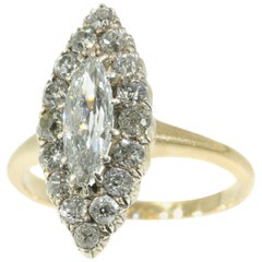 Antique Late Victorian 1.82 Carat Diamond Gold Marquise Engagement Ring, 1880s