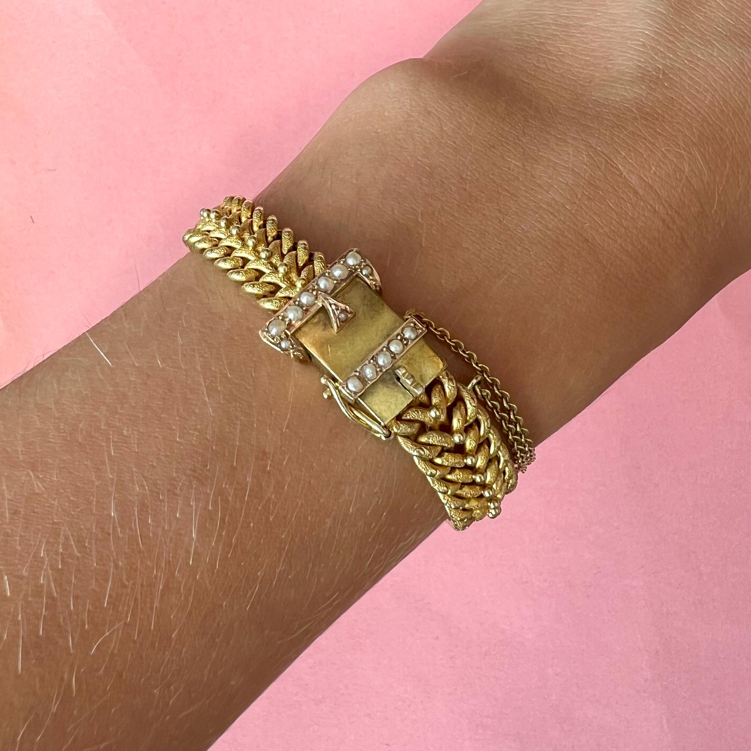 Victorien Antique bracelet victorien à boucle en or 14K avec perles de rocaille  en vente