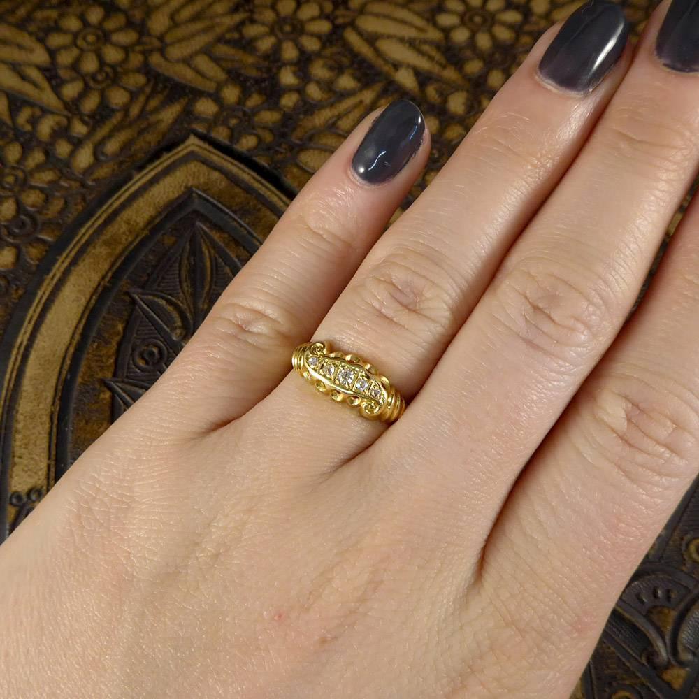 Late Victorian 18 Carat Gold Five-Stone Diamond Scroll Ring 4