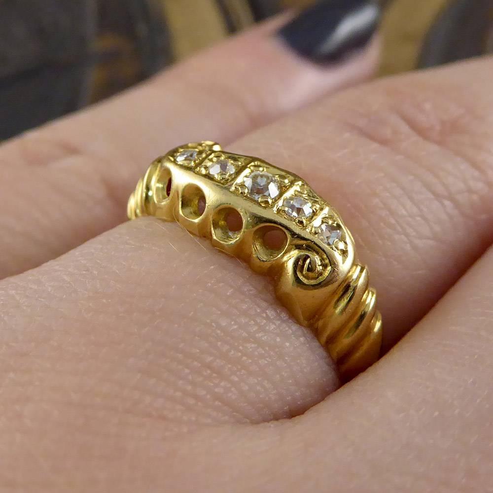 Late Victorian 18 Carat Gold Five-Stone Diamond Scroll Ring 5