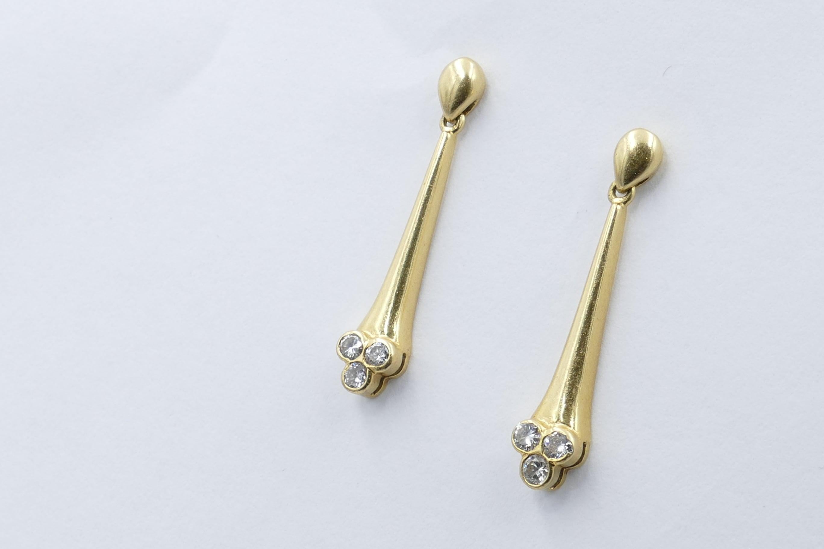 In excellent condition are these very wearable late Victorian earrings fashioned from 18ct yellow Gold with 3 lovely old Diamonds as the feature. Measurement approximately 3/4 cms in length.
The Diamonds are 6 in number G/H colour, SI clarity and
