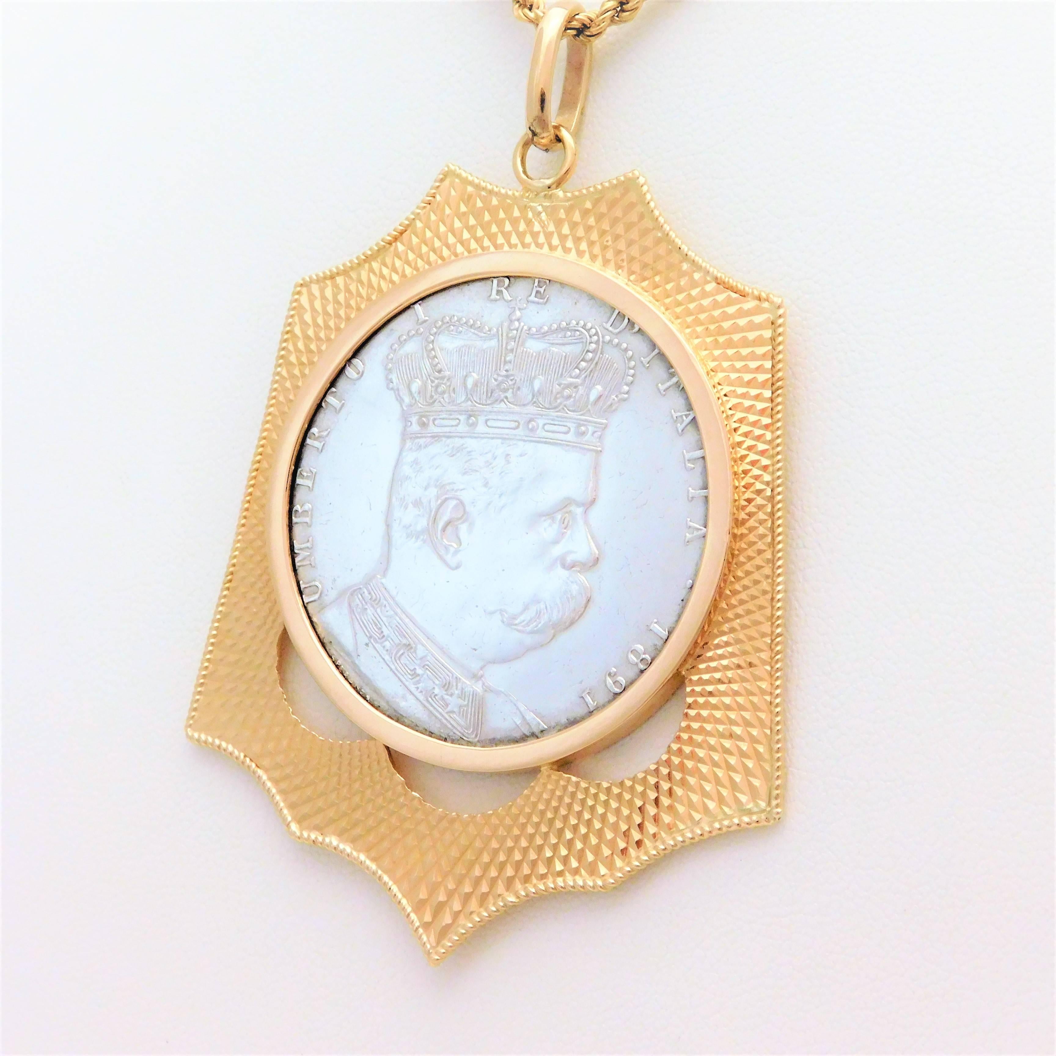 Late Victorian 18k Coin Holder Pendant with Rare 1891 Silver Eritrea 1 Tallero 5 In Excellent Condition For Sale In Metairie, LA