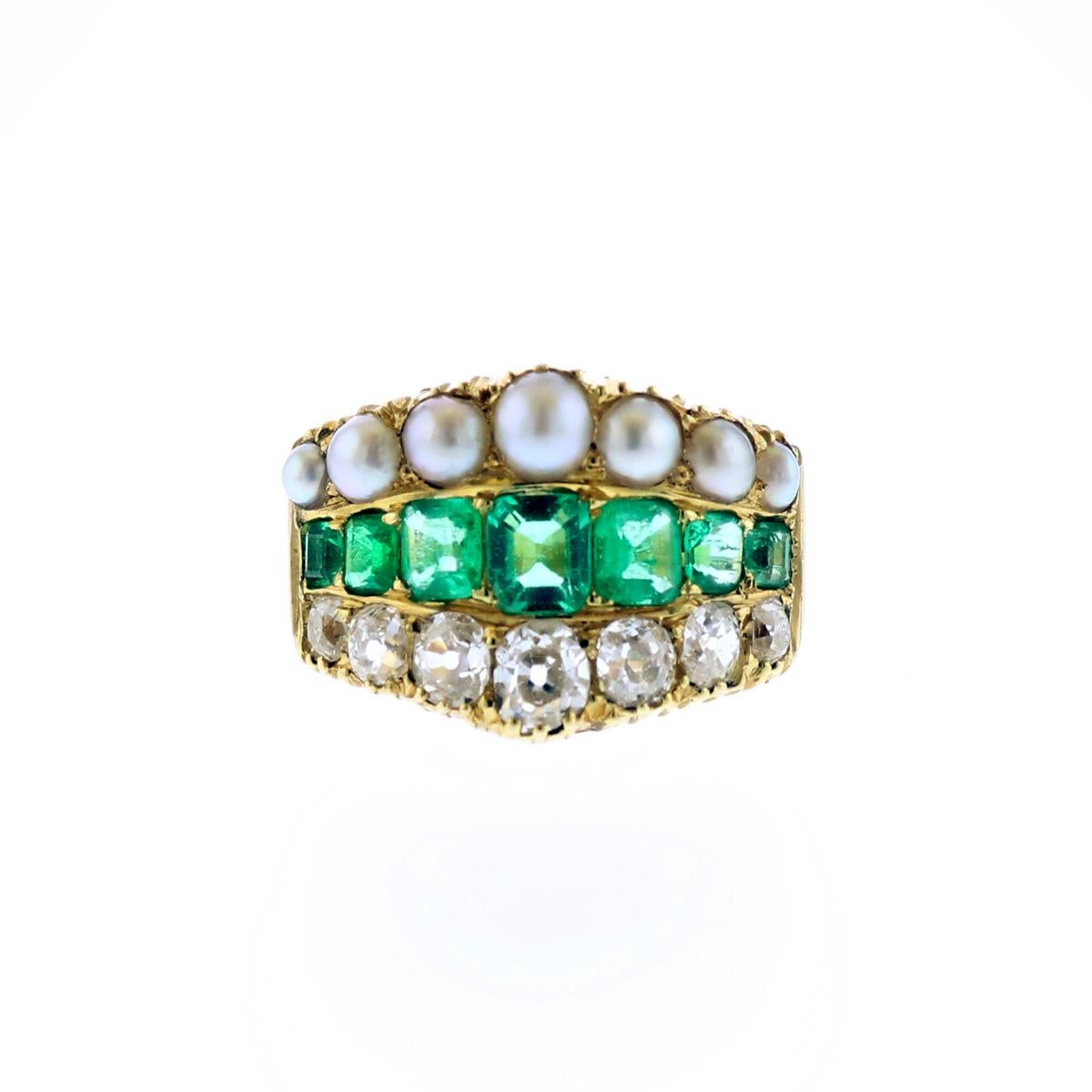 Late Victorian 18K Gold Emerald Split Pearl and Diamond Wide Half Hoop Ring In Excellent Condition For Sale In Houston, TX