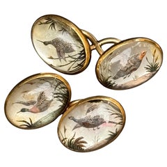 Boutons de manchette en cristal d'Essex intaillé en or 18 carats avec oiseaux