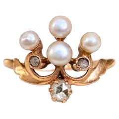 Late Victorian 18k Gold Pearl and Rose-Cut Diamond Tiara Ring, Circa 1900