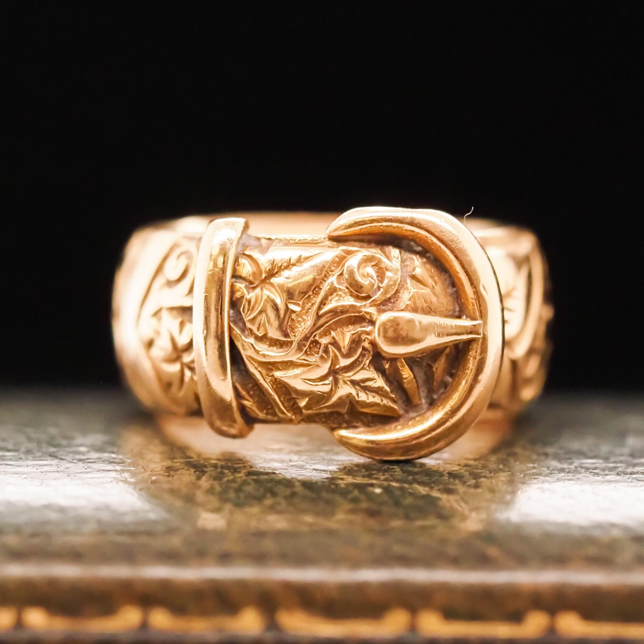 Year: 1890s
Item Details:
Ring Size: 6 (Sizable)
Metal Type: 18k yellow gold [Hallmarked, and Tested]
Weight: 11.7 grams
Band Width: 9 mm
Condition: Excellent