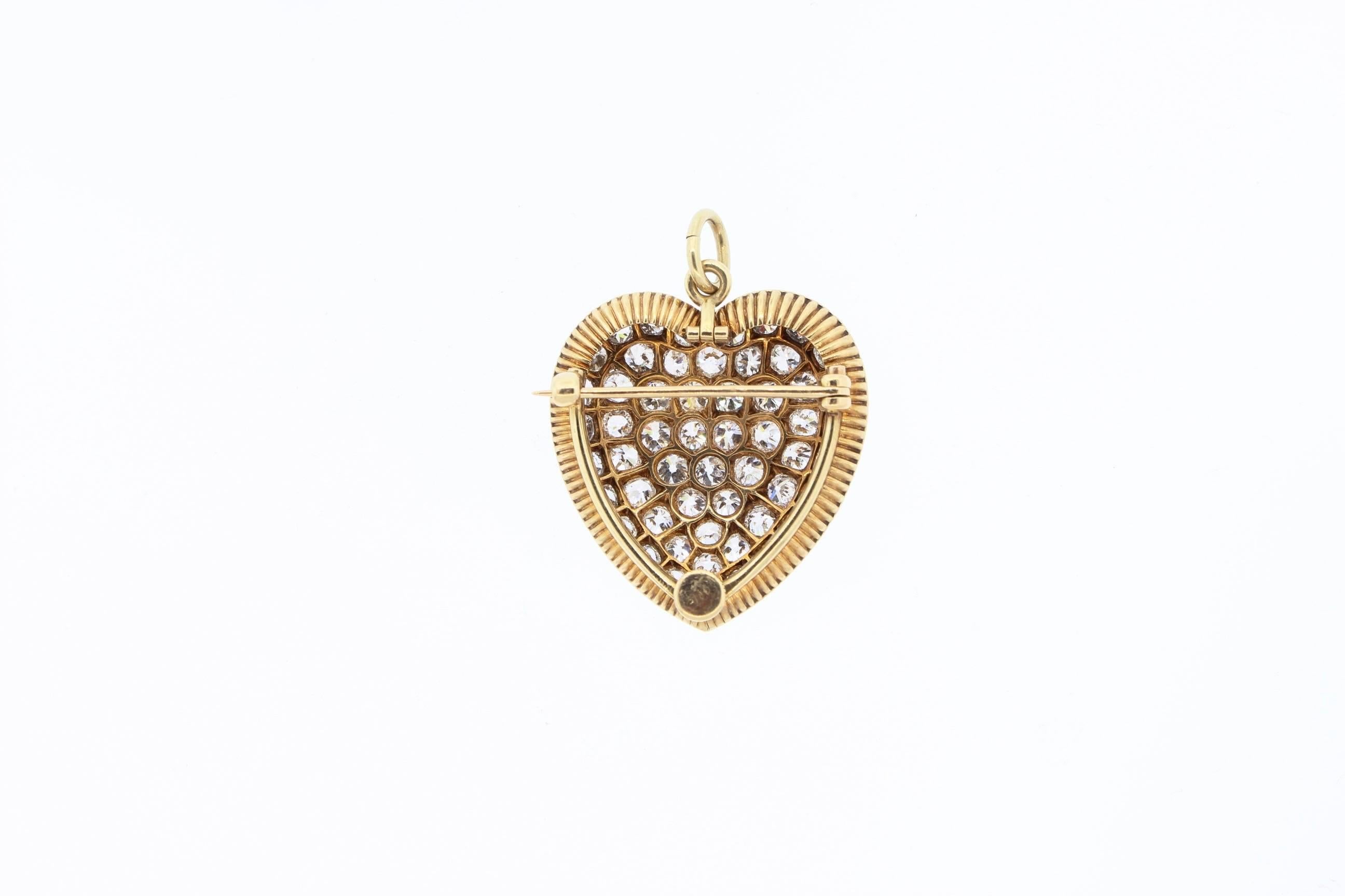 Late Victorian 18k Yellow Gold Old European Cut Diamond Heart Pin Pendant In Excellent Condition In New York, NY