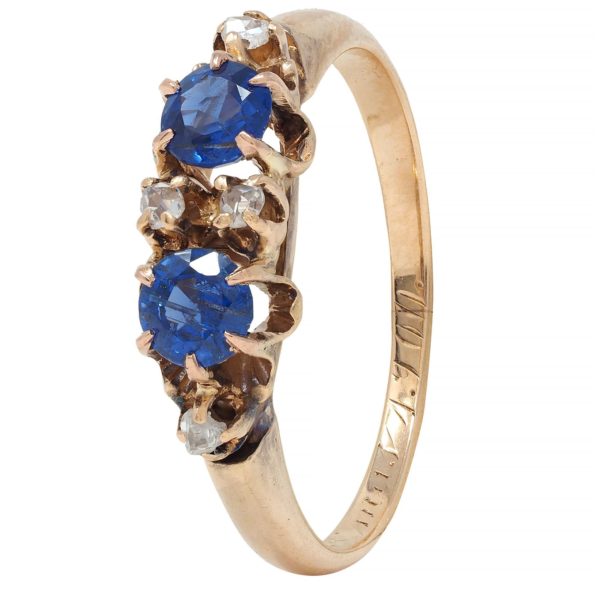 Late Victorian 1900 Sapphire Diamond 14 Karat Gold Antique Belcher Band Ring For Sale 5
