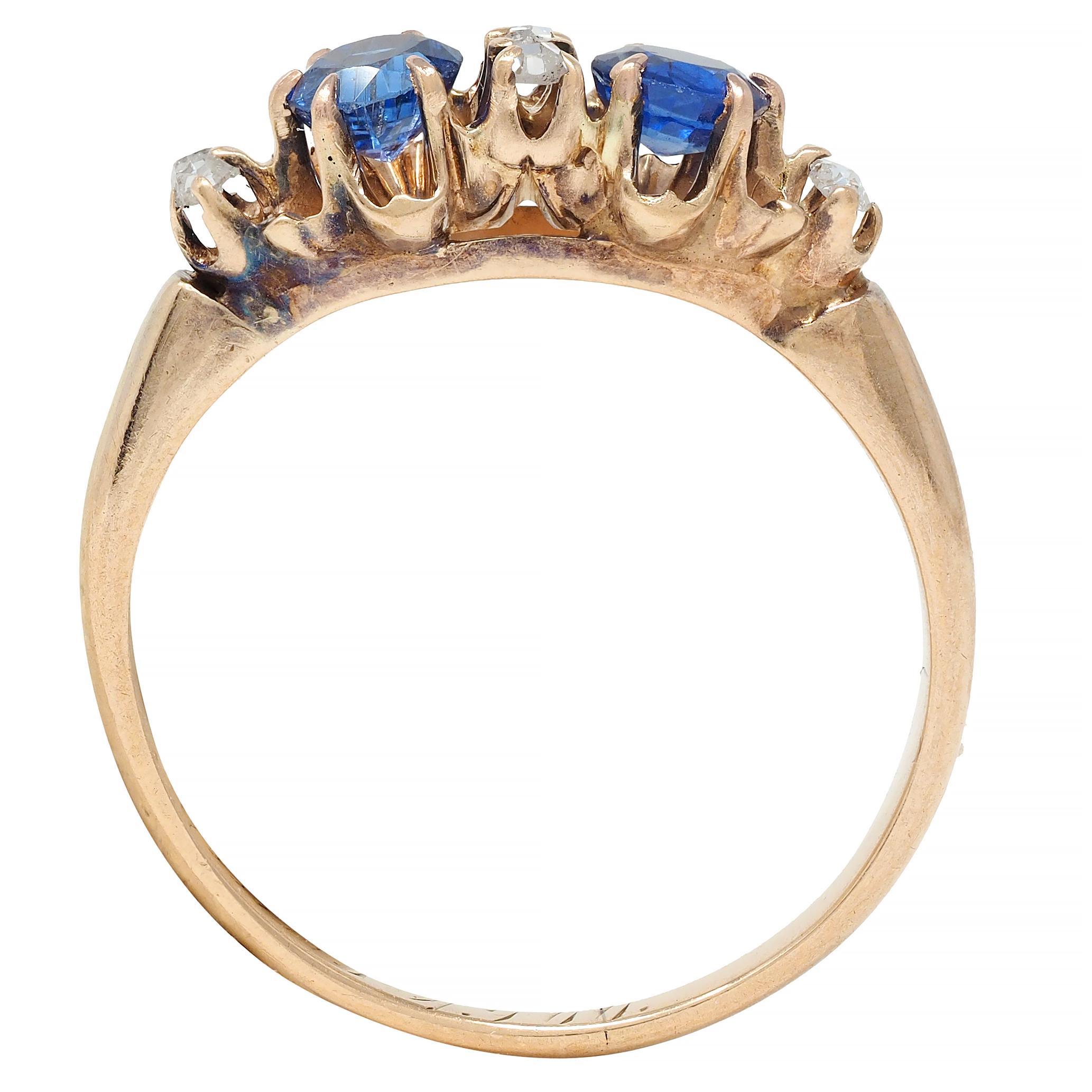 Late Victorian 1900 Sapphire Diamond 14 Karat Gold Antique Belcher Band Ring For Sale 6