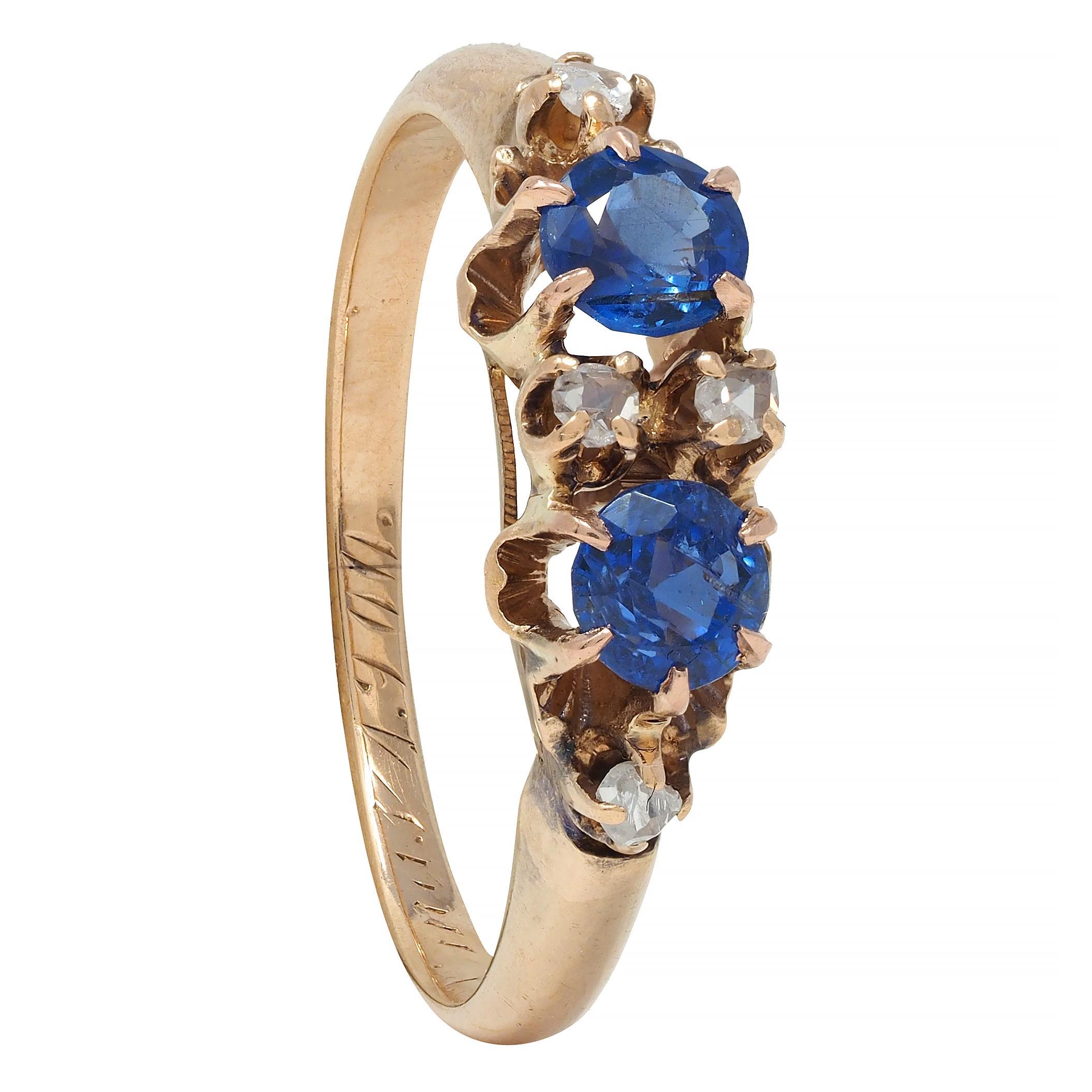 Late Victorian 1900 Sapphire Diamond 14 Karat Gold Antique Belcher Band Ring For Sale 7