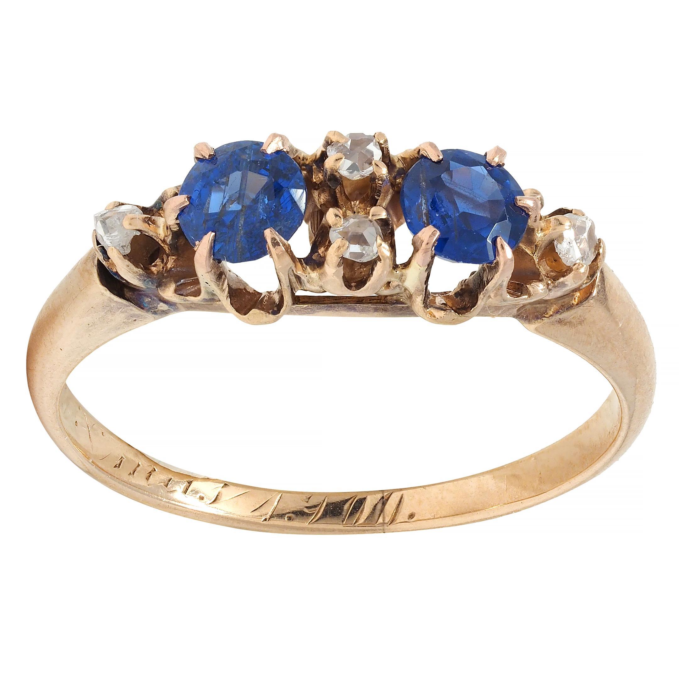 Late Victorian 1900 Sapphire Diamond 14 Karat Gold Antique Belcher Band Ring For Sale 8