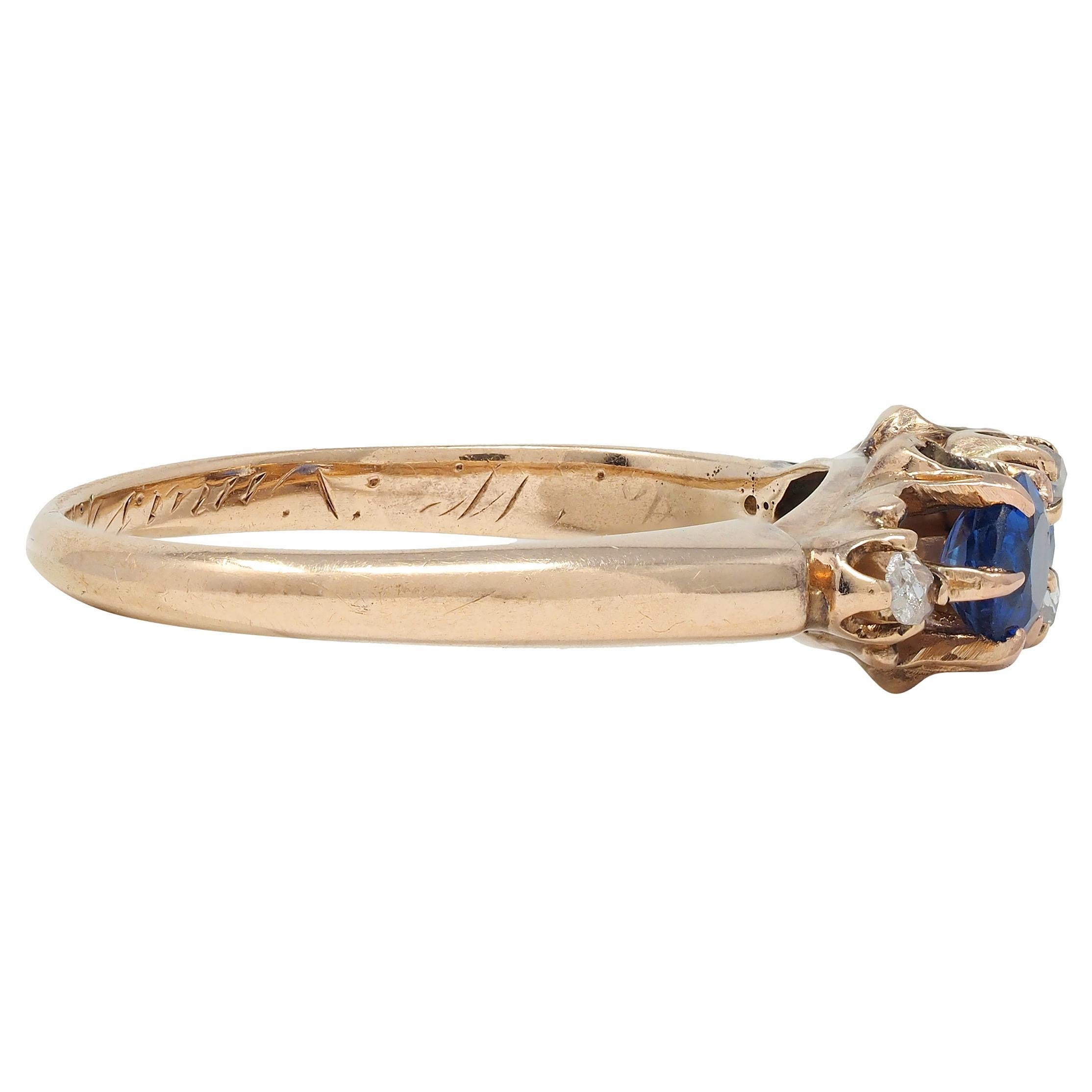 Round Cut Late Victorian 1900 Sapphire Diamond 14 Karat Gold Antique Belcher Band Ring For Sale