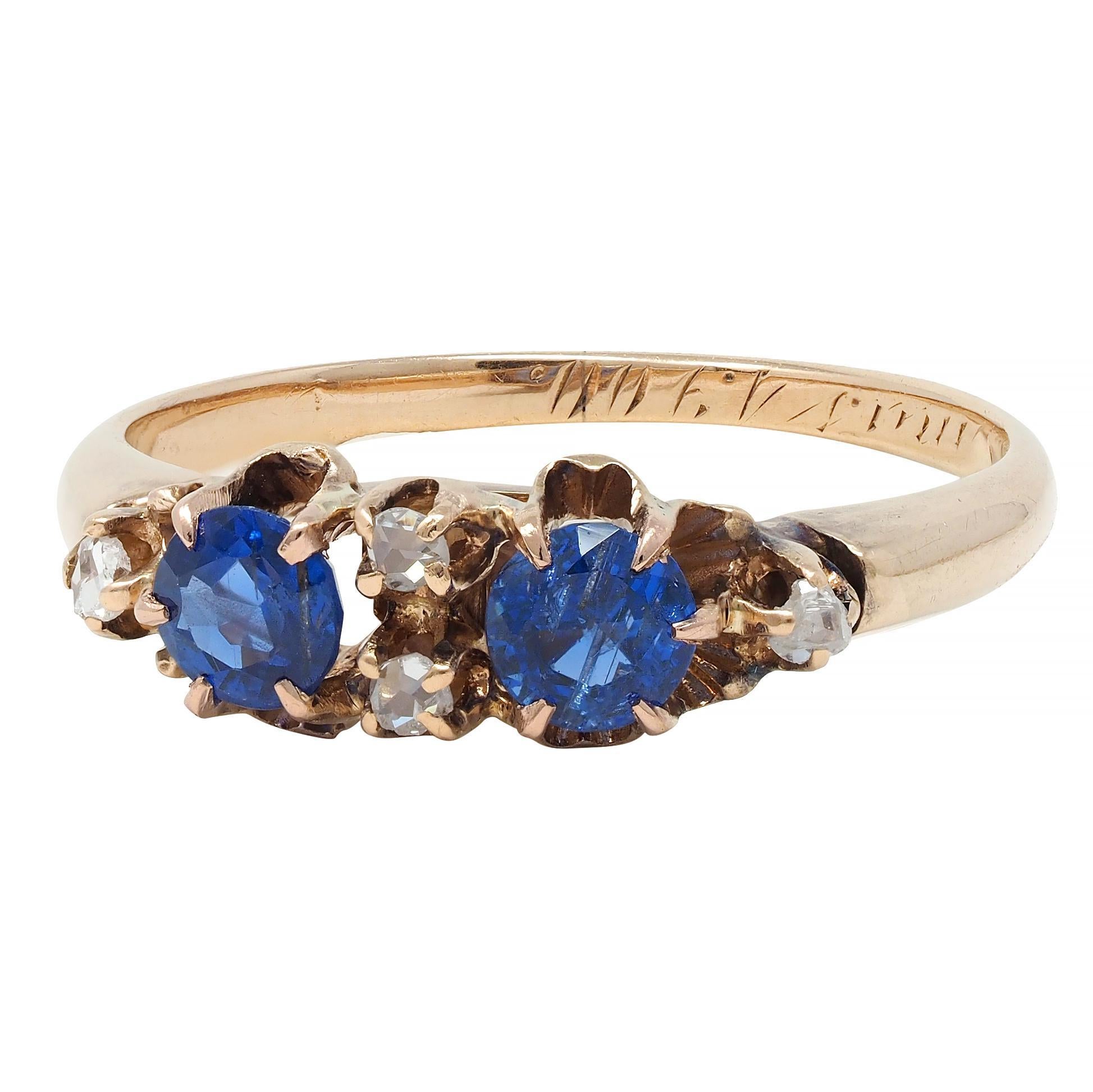 Late Victorian 1900 Sapphire Diamond 14 Karat Gold Antique Belcher Band Ring For Sale 1