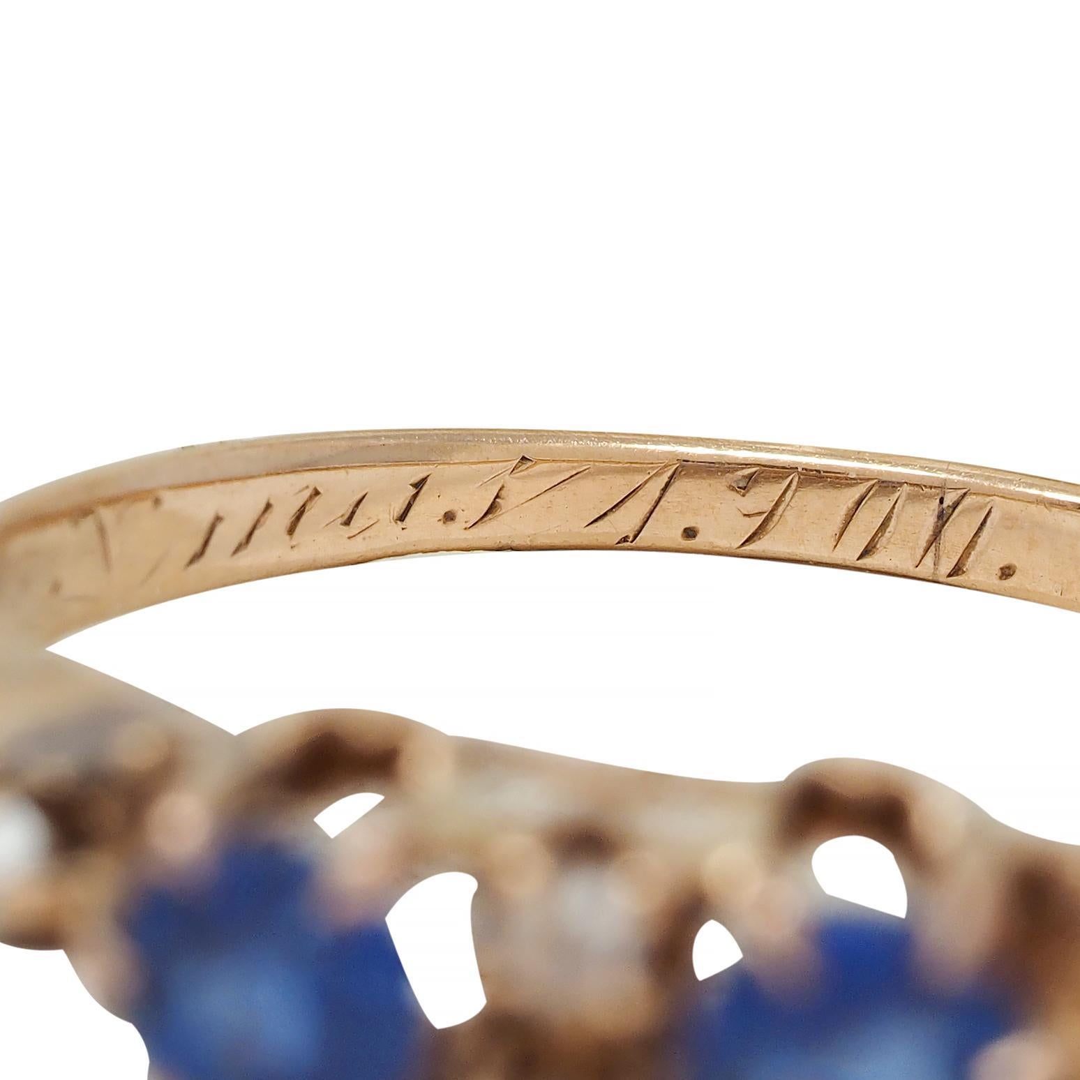 Late Victorian 1900 Sapphire Diamond 14 Karat Gold Antique Belcher Band Ring For Sale 3