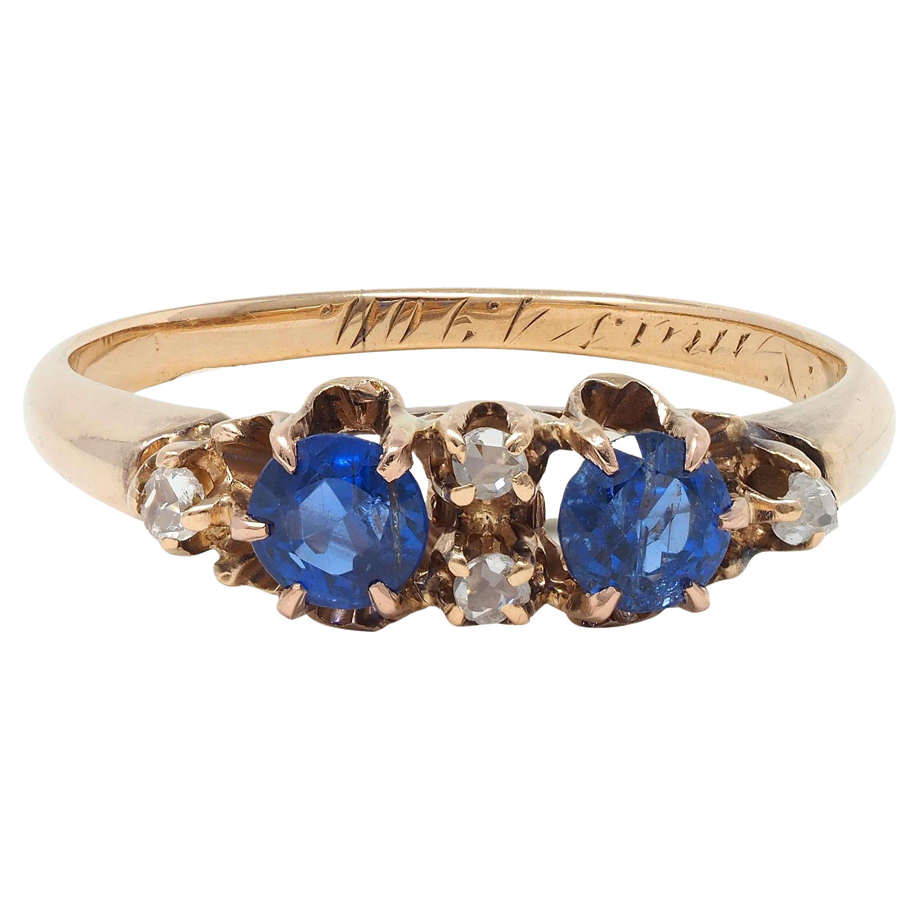 Late Victorian 1900 Sapphire Diamond 14 Karat Gold Antique Belcher Band Ring For Sale