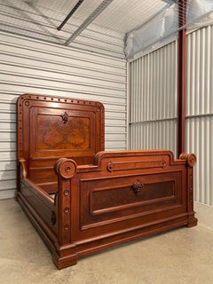 Late Victorian 19th C. George Henkels Attributed Walnut + Burl Bed Frame