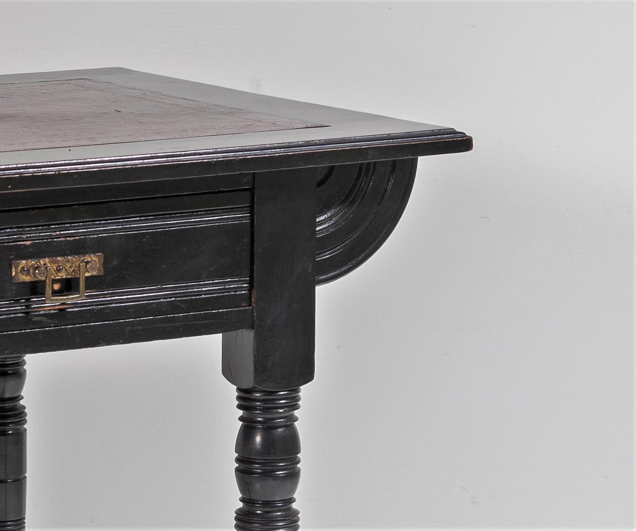 English Late Victorian 19th C Small Aesthetic Movement Ebonised Leather Top Writing Desk