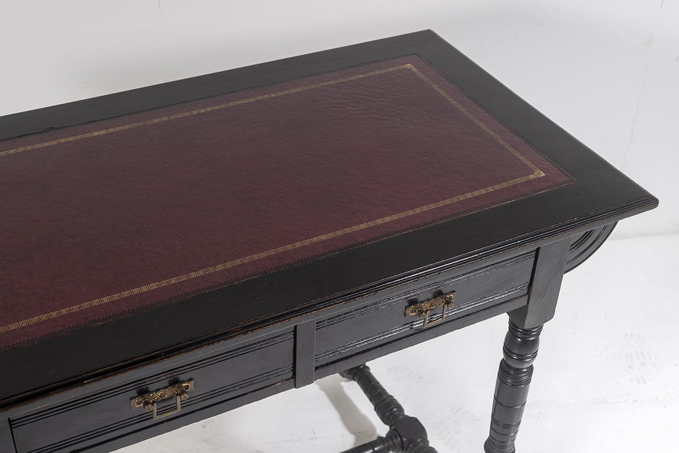 Ebonized Late Victorian 19th C Small Aesthetic Movement Ebonised Leather Top Writing Desk