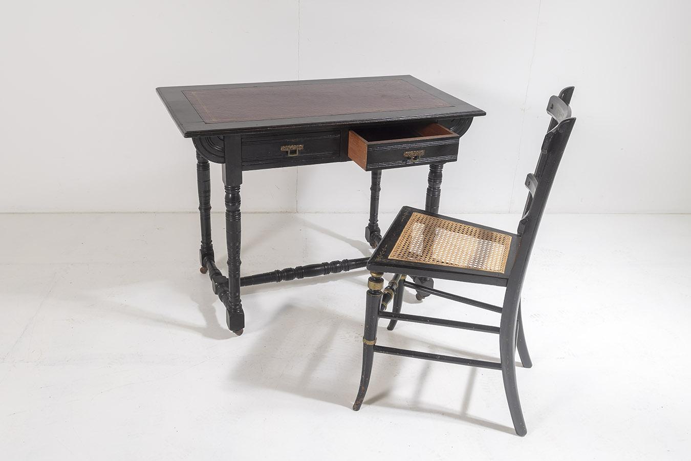 Late Victorian 19th C Small Aesthetic Movement Ebonised Leather Top Writing Desk In Good Condition In Llanbrynmair, GB