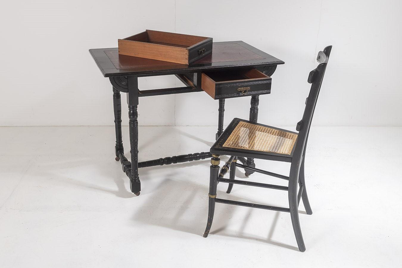 Late 19th Century Late Victorian 19th C Small Aesthetic Movement Ebonised Leather Top Writing Desk