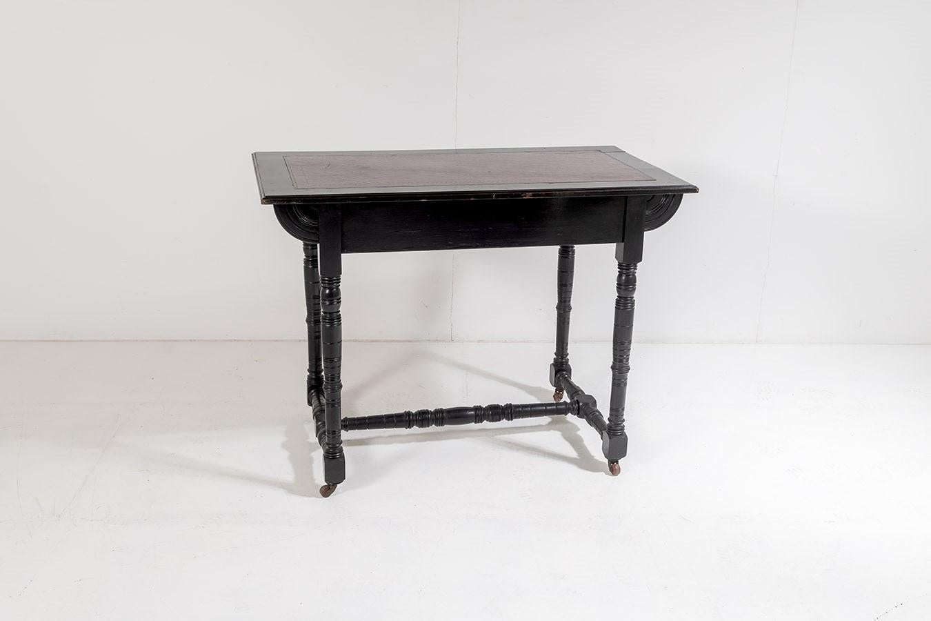 Late Victorian 19th C Small Aesthetic Movement Ebonised Leather Top Writing Desk 1