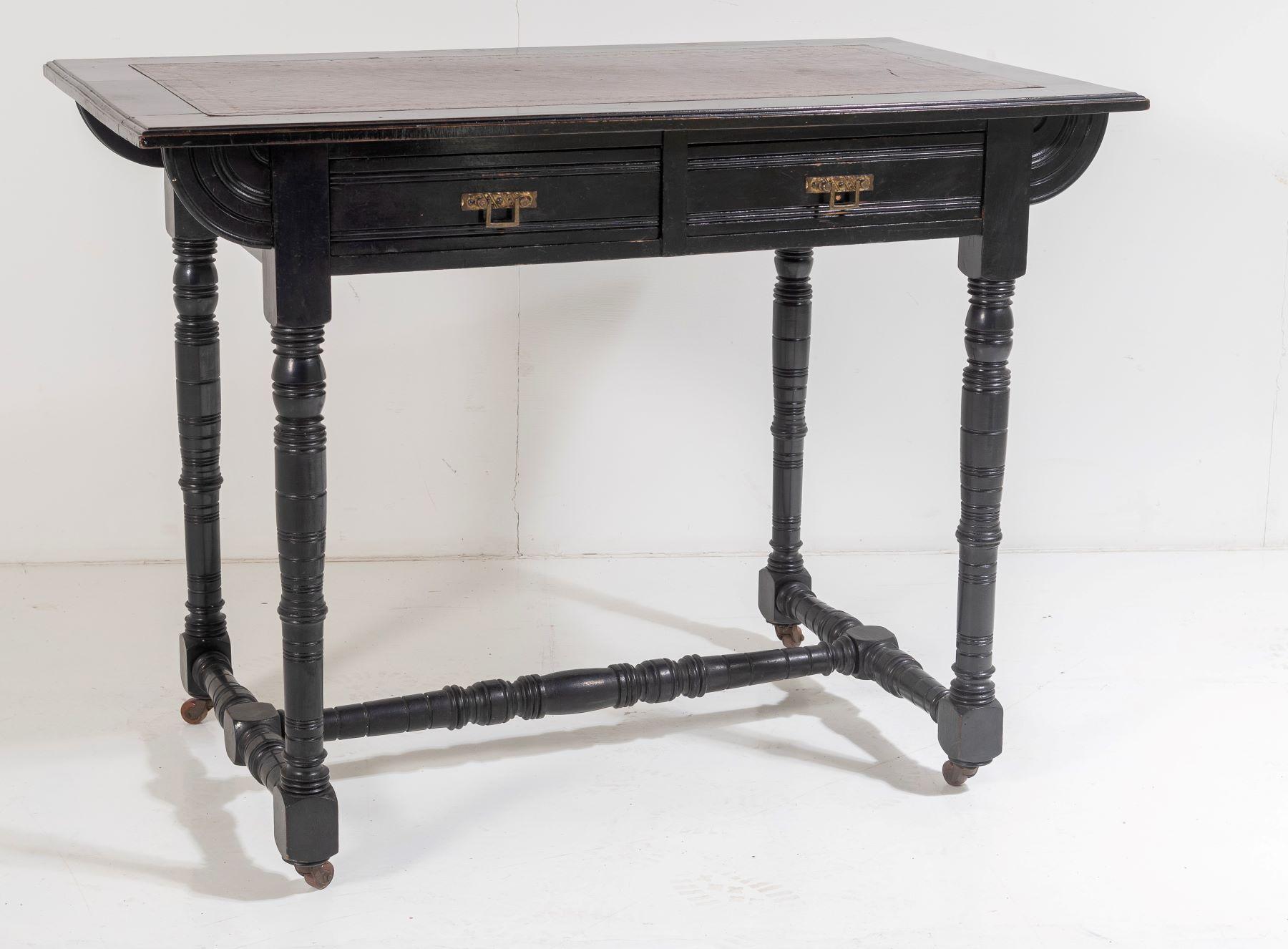 Late Victorian 19th C Small Aesthetic Movement Ebonised Leather Top Writing Desk 3