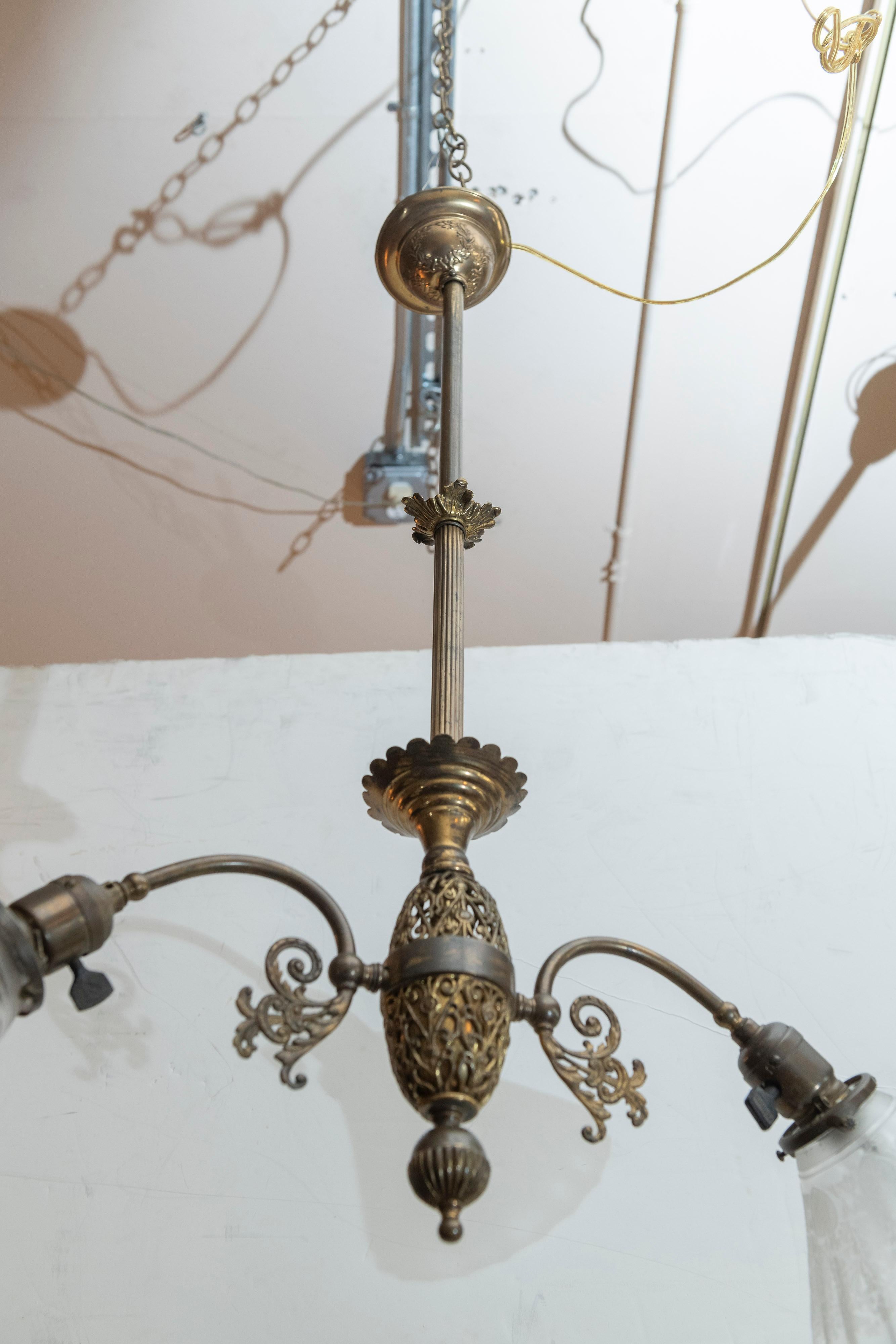 Late Victorian 2-Arm Chandelier with Deep Etched Glass Shades, circa 1900 2