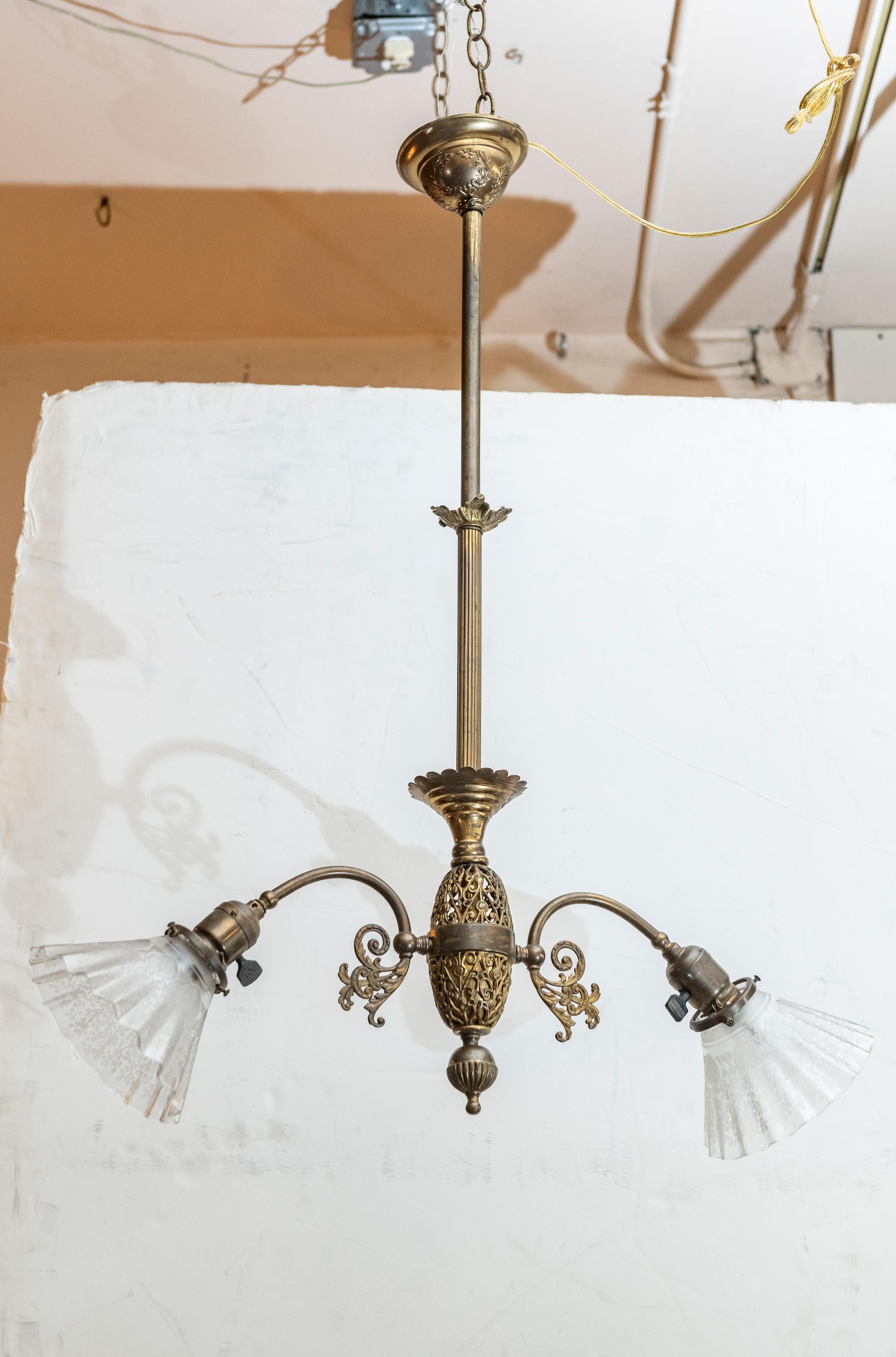 Cast Late Victorian 2-Arm Chandelier with Deep Etched Glass Shades, circa 1900