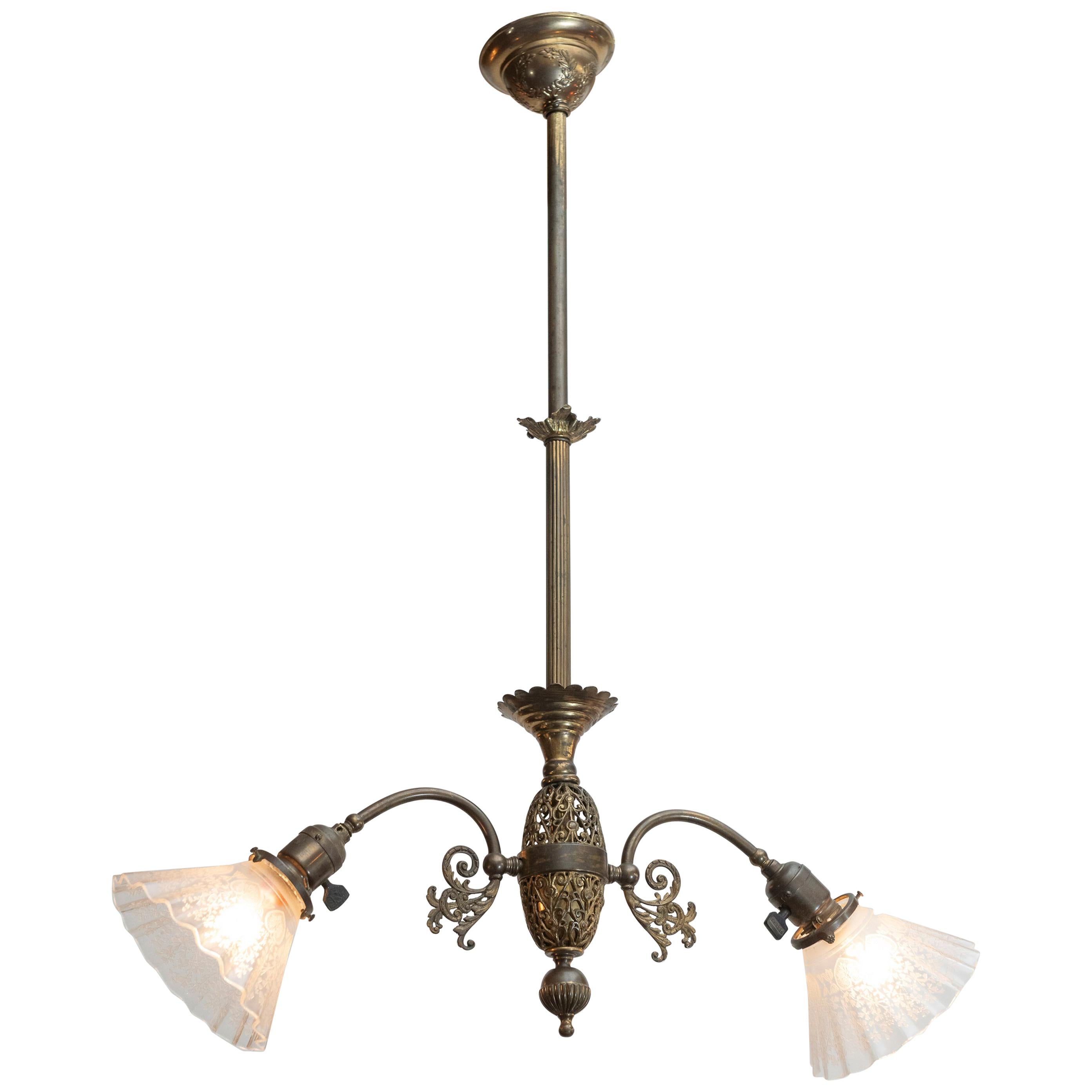 Late Victorian 2-Arm Chandelier with Deep Etched Glass Shades, circa 1900