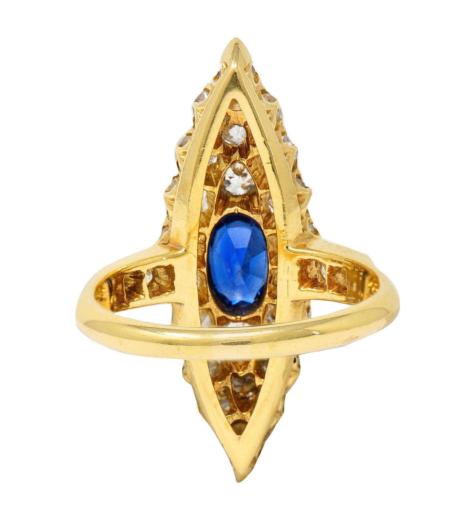 Late Victorian 2.08 Carats Sapphire Diamond 18 Karat Gold Navette Cluster Ring In Excellent Condition In Philadelphia, PA