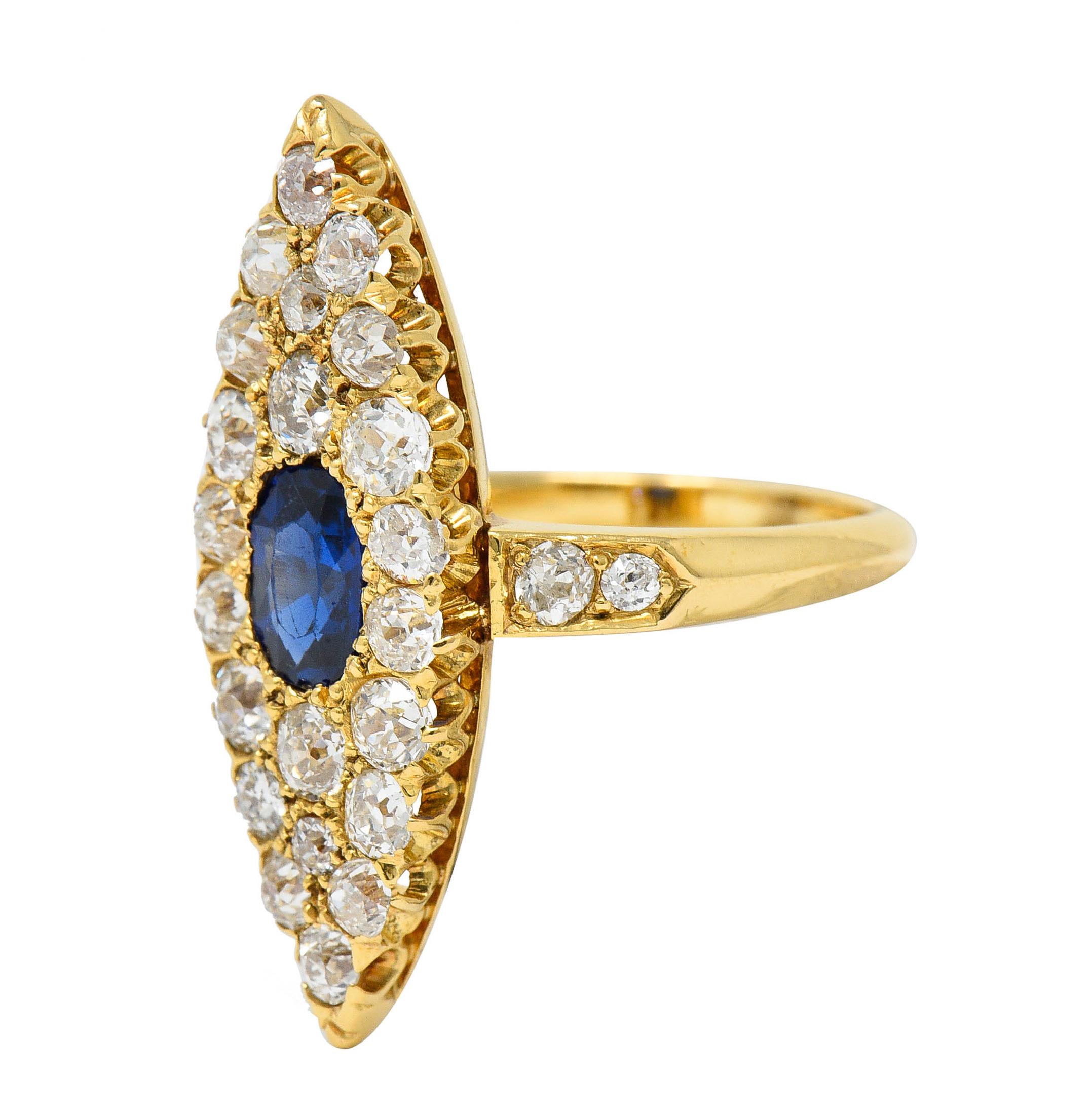 Late Victorian 2.08 Carats Sapphire Diamond 18 Karat Gold Navette Cluster Ring 1