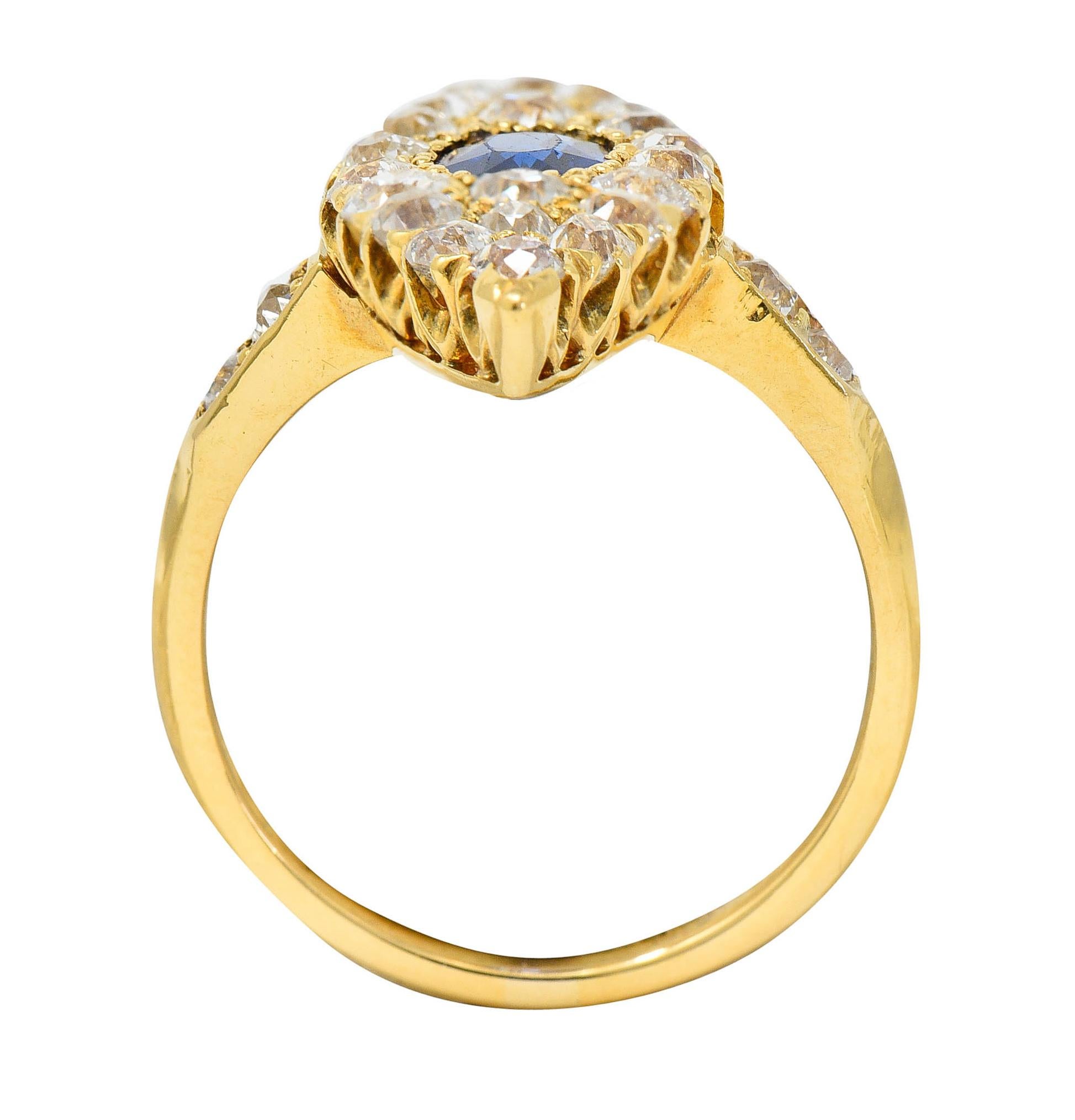 Late Victorian 2.08 Carats Sapphire Diamond 18 Karat Gold Navette Cluster Ring 2