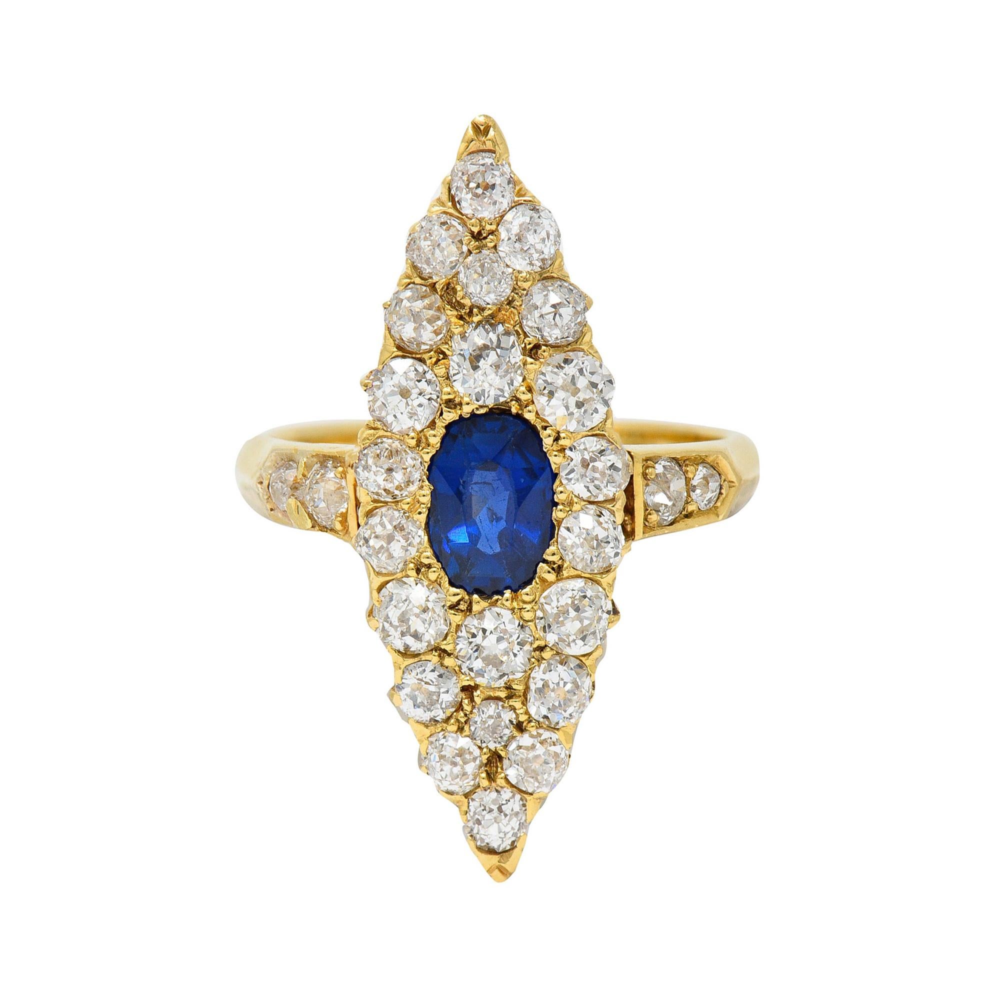 Late Victorian 2.08 Carats Sapphire Diamond 18 Karat Gold Navette Cluster Ring
