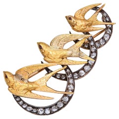 Late Victorian 20k Yellow Gold and Silver Swallows and Crescent Moon Brooch