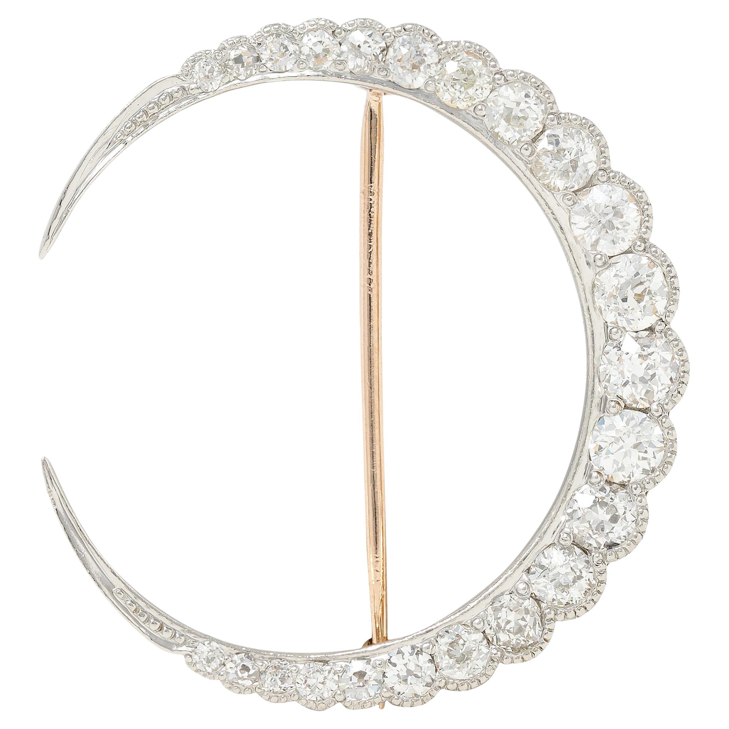 Spätviktorianische 2.90 CTW Diamant 14K Gold Platin Antike Mondsichel Brosche