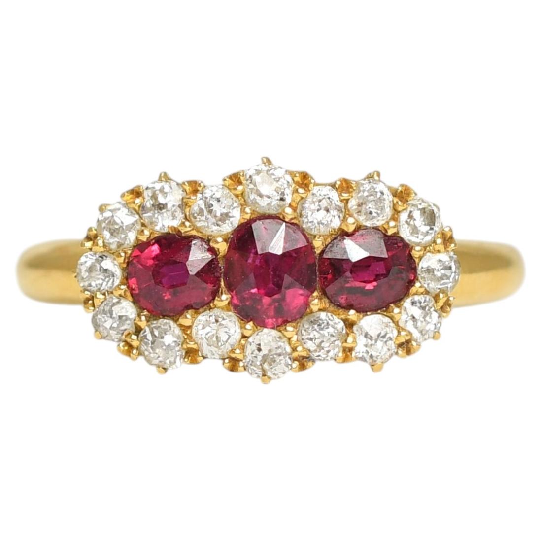 Late Victorian 3-Stone Ruby & Diamond Cluster Ring in 18k Gold, Circa 1900