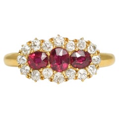 Late Victorian 3-Stone Ruby & Diamond Cluster Ring in 18k Gold, Circa 1900