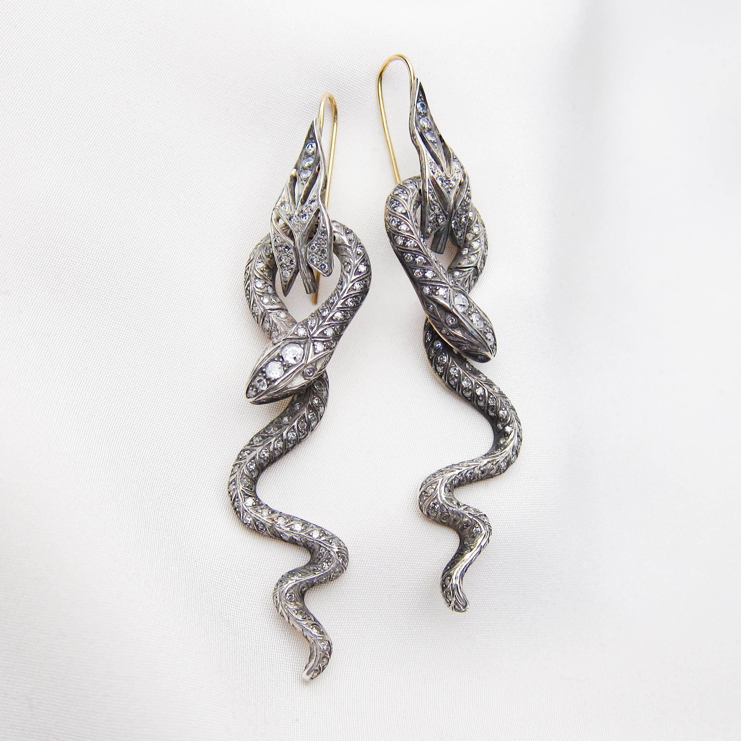 Old European Cut Late Victorian 3.39 Carat Old European-Cut Diamond Handmade Snake Earrings
