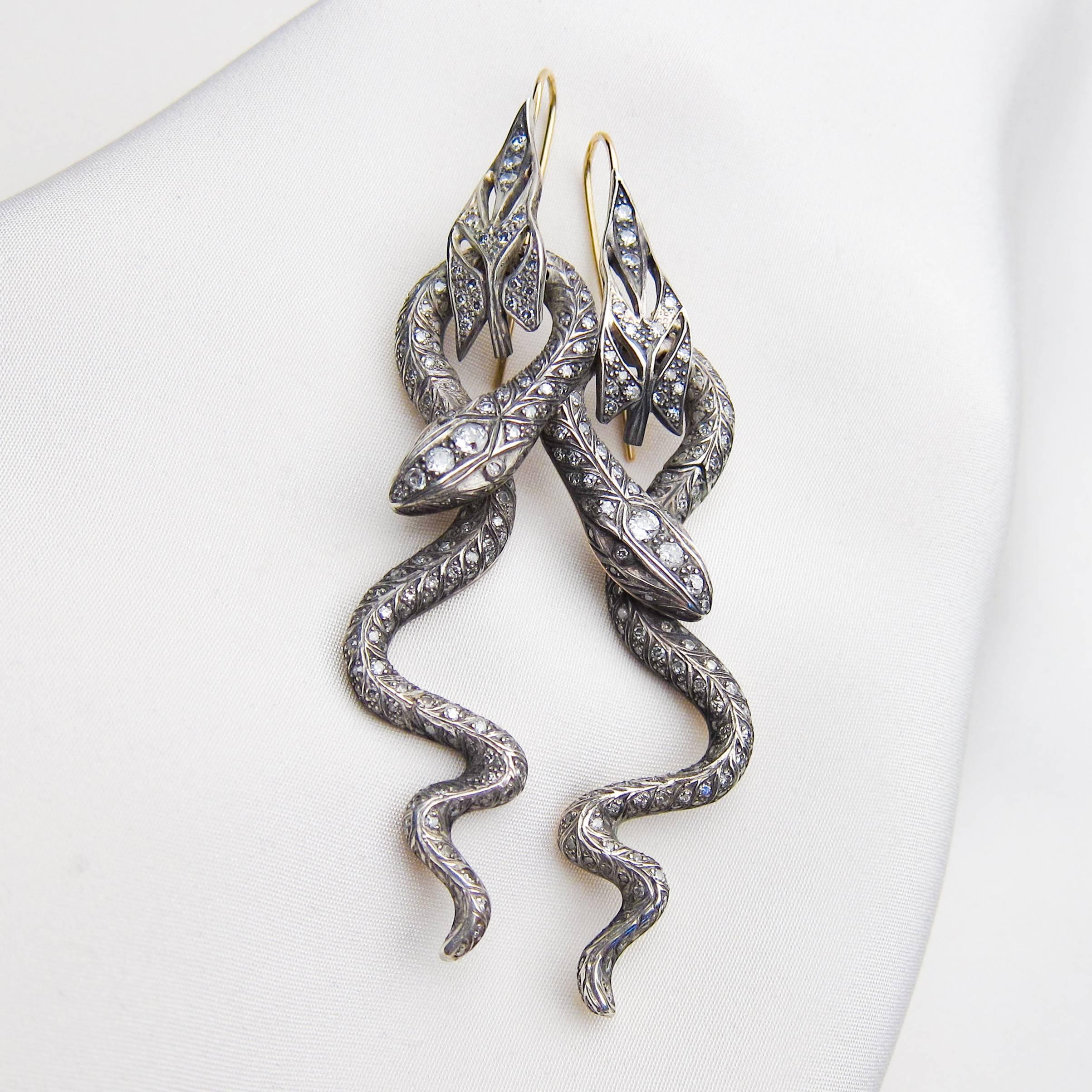Late Victorian 3.39 Carat Old European-Cut Diamond Handmade Snake Earrings In Excellent Condition In Seattle, WA