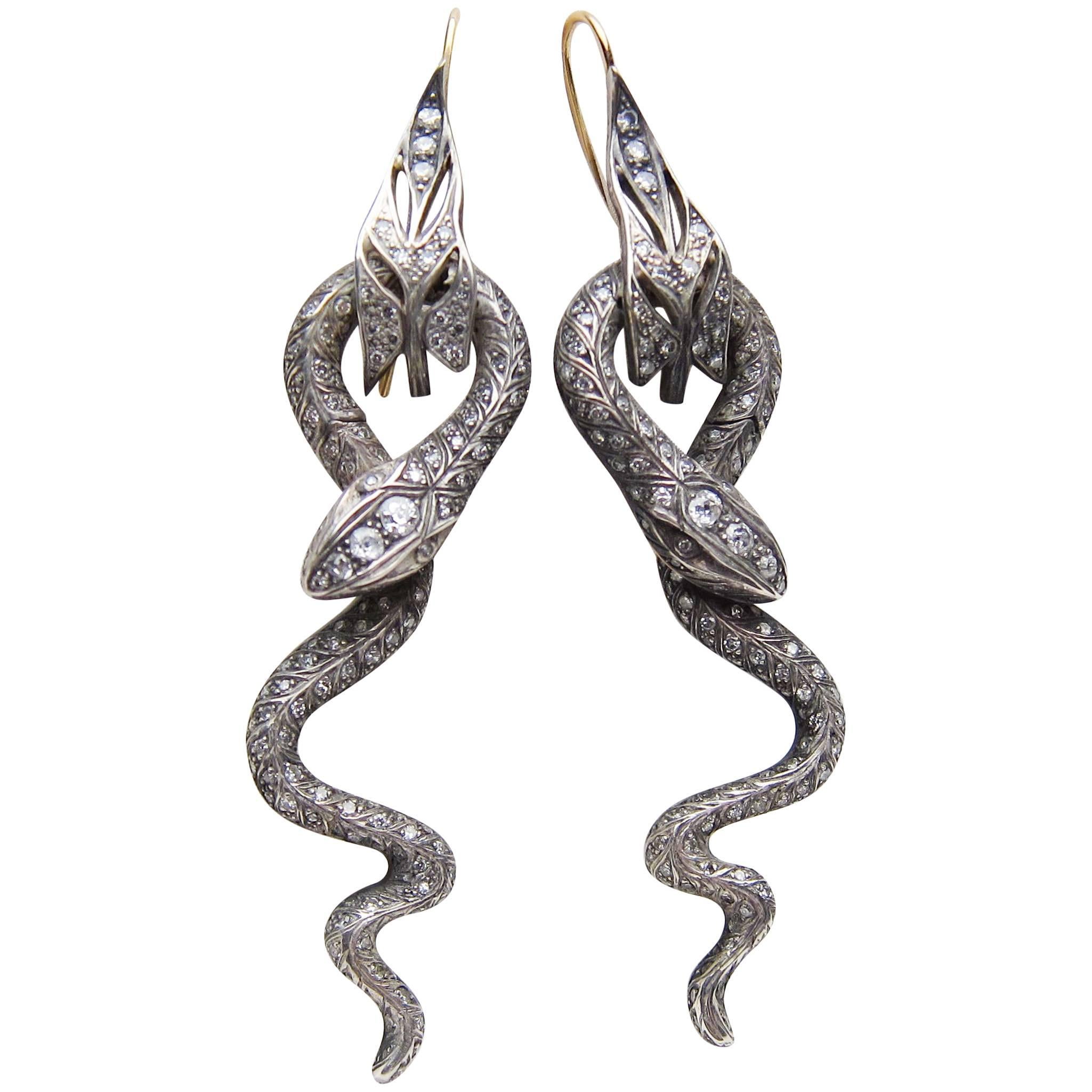 Late Victorian 3.39 Carat Old European-Cut Diamond Handmade Snake Earrings