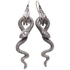 Late Victorian 3.39 Carat Old European-Cut Diamond Handmade Snake Earrings