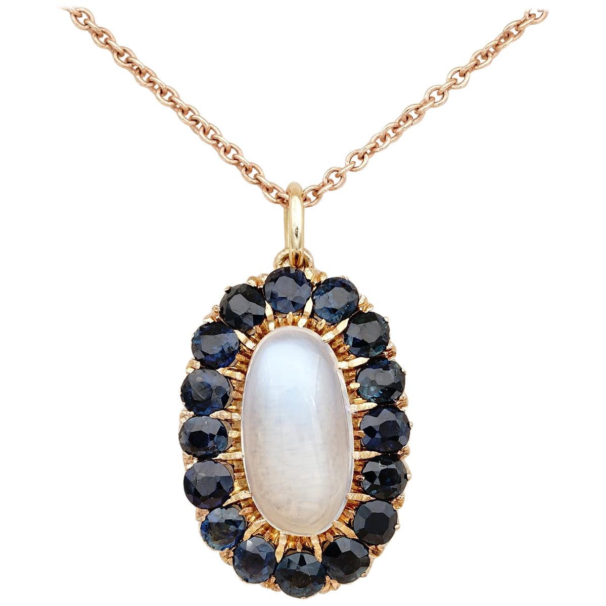 Late Victorian 3.95 Carat Moonstone 4.0 Ct Natural Sapphire Rare Vintage Pendant