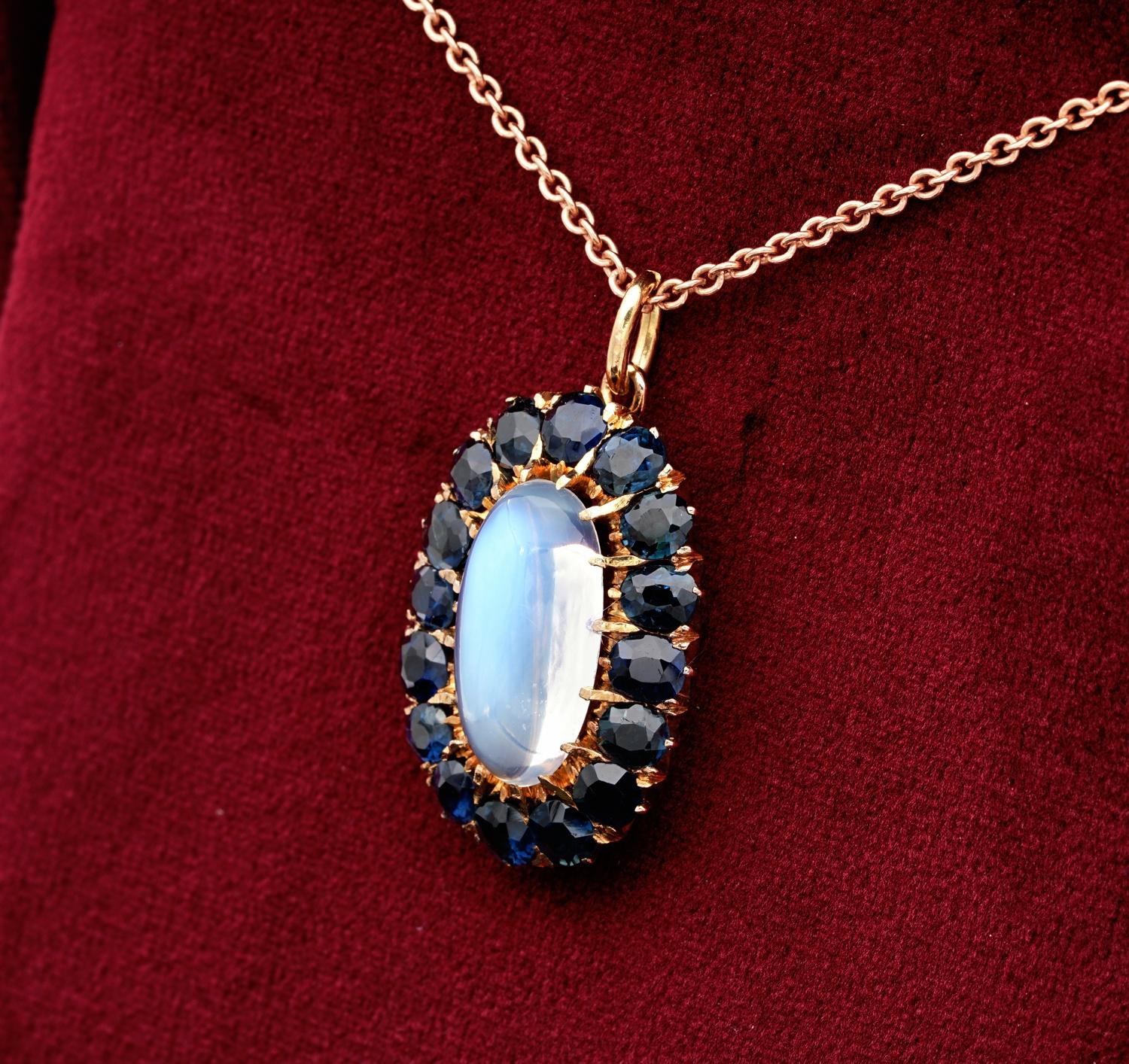 Late Victorian 3.95 Carat Moonstone 4.0 Ct Natural Sapphire Rare Vintage Pendant 2