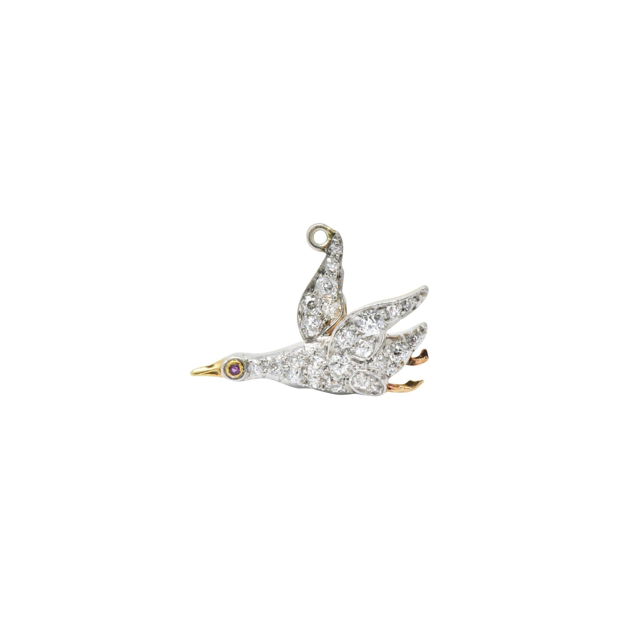 Designed as an adorable bird, mid-flight with pavé set old mine and Swiss cut diamonds, approximately 0.40 carats total, G-H color, VS to I clarity
Sweet details like a single cut ruby eye and yellow gold beak and feet
Late Victorian period
Length: