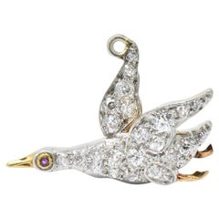Late Victorian .40 Carat Diamond Ruby and Platinum-Topped Yellow Gold Bird Charm