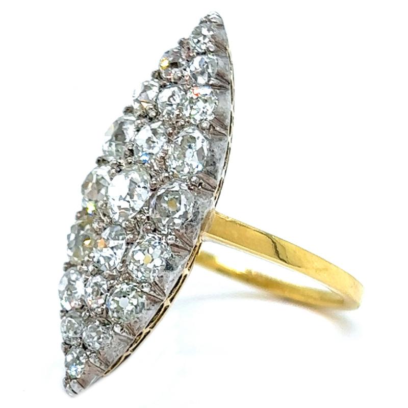 Late Victorian 4.30 Carats Old Mine Cut Diamonds 18K Gold Navette Dinner Ring 1