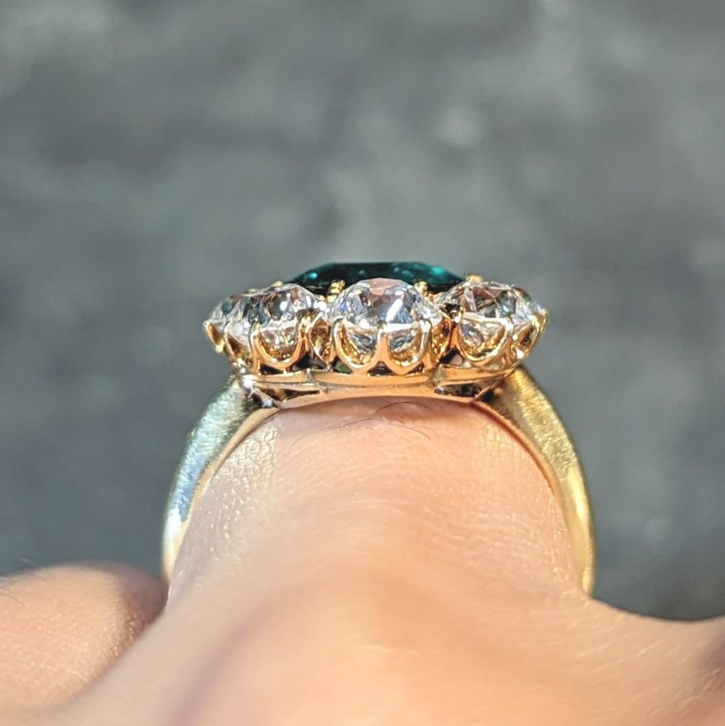 Late Victorian 5.34 CTW Pear Colombian Emerald Diamond 18 Karat Gold Ring AGL For Sale 7