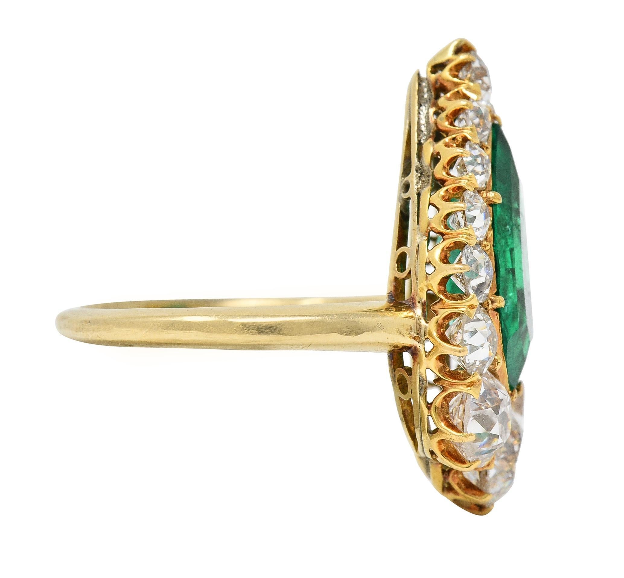 Pear Cut Late Victorian 5.34 CTW Pear Colombian Emerald Diamond 18 Karat Gold Ring AGL For Sale