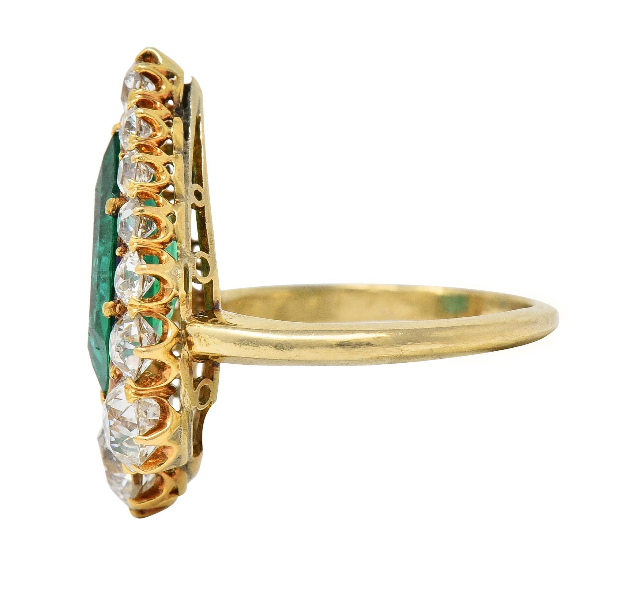Women's or Men's Late Victorian 5.34 CTW Pear Colombian Emerald Diamond 18 Karat Gold Ring AGL For Sale